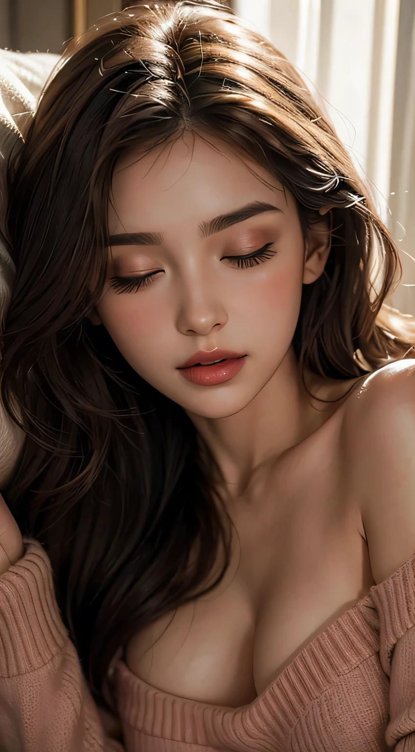 Amazing portrait of a woman who is 30 years old and an adult and a sexy woman with her eyes closed and her mouth open with a very deep blush and the tip of her nose is red having a long neck emphasised by her off shoulder pink sweater showcasing her medium chest with visible cleavage in her bedroom with warm lighting as she's lying on her bed with her head on the pillow facing up during night time with soft lighting showcasing her red lips and her beautiful face in detail and close up
