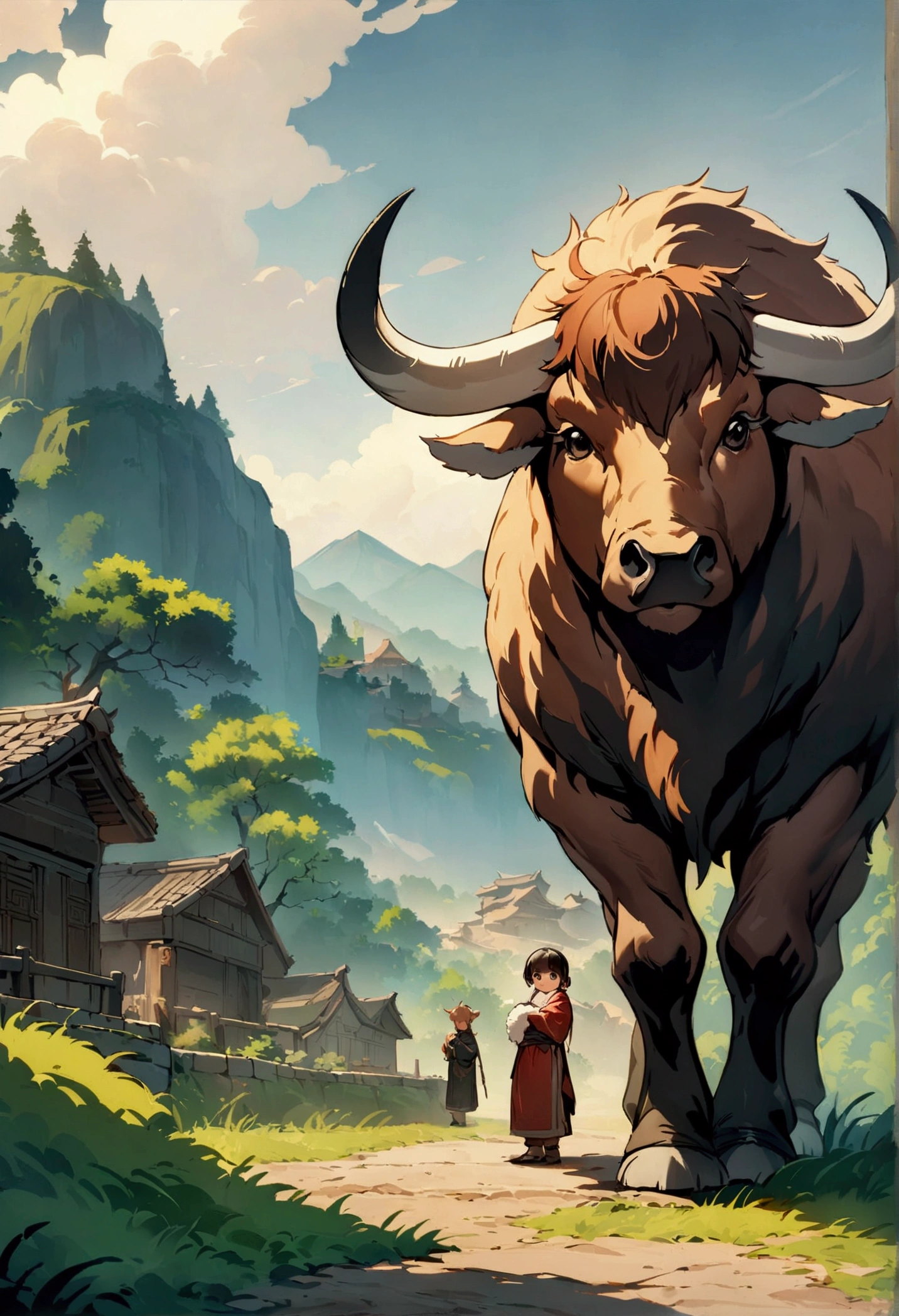 (masterpiece), (Highest quality), (High resolution), Large official art, Unity 8k wallpaper, Super detailed, Chinese Zodiac Ox Fluffy Ox, ,Big eyes,, Standing on the roadside, Ancient style, SNES Paintings,countryside,forest,village,