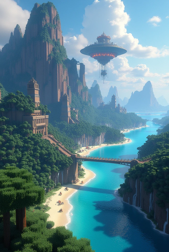 
"Design a colossal Minecraft landscape that blends elements of an ancient fantasy world with futuristic architecture. Imagine towering mountains with cascading waterfalls that feed into crystal-clear rivers, winding through dense forests filled with bioluminescent trees. These rivers lead to a vast, mystical sea bordered by sprawling beaches of glowing sand. The horizon is dotted with floating islands, each featuring unique biomes—from lush, enchanted forests to barren, desert-like plains, and volcanic islands with flowing lava rivers. Scattered throughout the landscape are remnants of an ancient civilization—massive, ruined temples carved into cliffsides, and mysterious glowing runes embedded in the terrain. Incorporate futuristic elements like floating cities with advanced technology integrated seamlessly into the natural environment, connected by sleek, glowing bridges. The entire scene is bathed in a surreal, ethereal light as if time itself bends around this otherworldly realm."