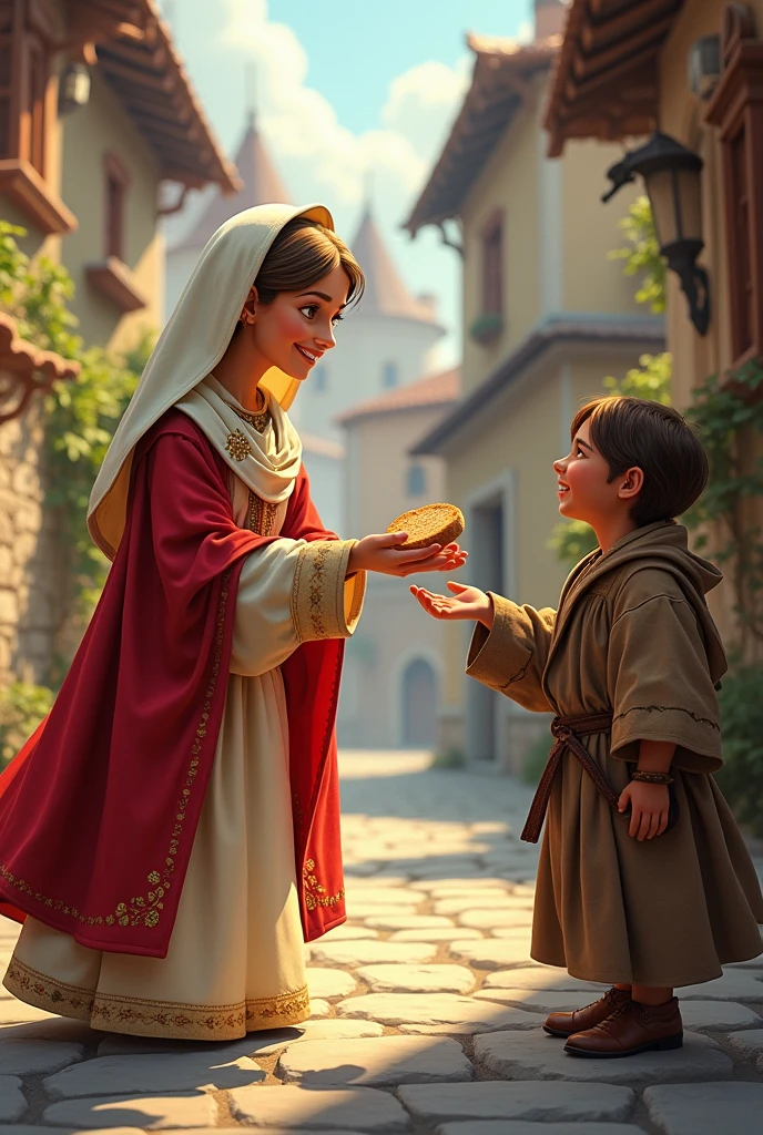 Cartoon of Princess Saint Elizabeth of Hungary helping a sad and very hungry person with a piece of bread