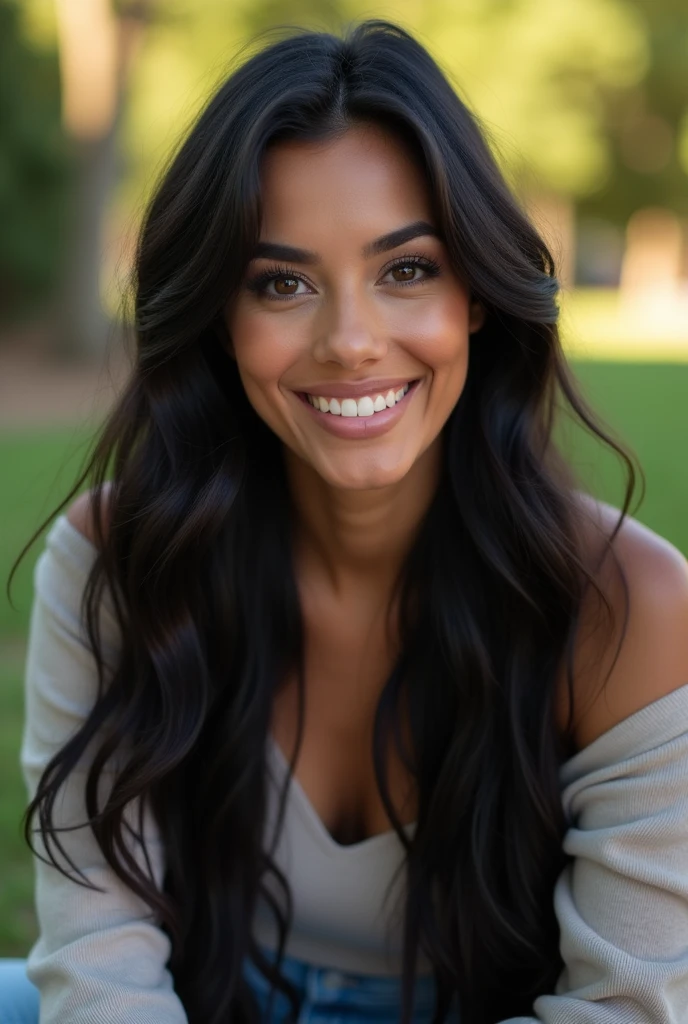 a beautiful Mexican woman with long black hair, detailed eyes, nose, and lips, wearing casual, modern outfit, siting in the park, smiling, happy to be alive (best quality,4k,8k,highres,masterpiece:1.2),ultra-detailed,(realistic,photorealistic,photo-realistic:1.37),HDR, studio lighting, extremely detailed face and body, portrait,cinematic lighting, dramatic lighting, warm color tones, dramatic colors