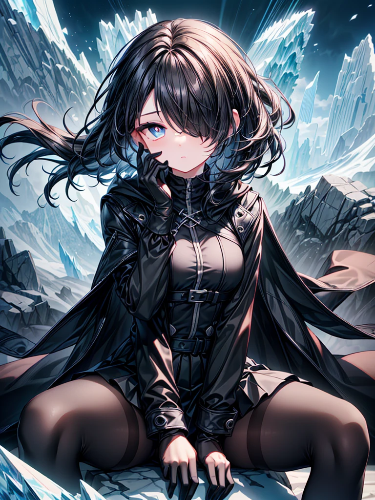 ((spread legs, sitting)),((Celestial Glacier)),(skirt-lift),((show panties)),((Highest quality)),((black micro mini length skirt)),((alone)),((Deep blue pupils)),((sparkling eyes)),(Beautiful Blue Eyes),((Wearing a black coat)),(((Wearing black tights))),(Slim body),((length, Shiny black hair)),((Her hair is parted, and you can see her eyes through it)),((Wearing black gloves)),((hair over one eye,long hair)),((Complex background)),((Hair blowing in the wind)
