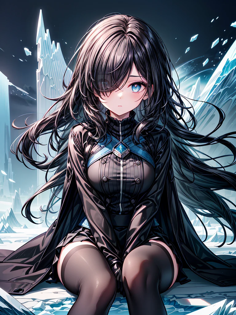 ((spread legs, sitting)),((Celestial Glacier)),((masterpiece)),((Highest quality)),((black micro mini length skirt)),((face waiting for kiss)),((alone)),((Deep blue pupils)),((sparkling eyes)),(Beautiful Blue Eyes),((Wearing a black coat)),(((Wearing black tights))),(Slim body),((length, Shiny black hair)),((Her left eye is completely hidden by her bangs)),((Her hair is parted, and you can see her eyes through it)),((Wearing black gloves)),((hair over one eye,long hair)),((Complex background)),((Hair blowing in the wind))