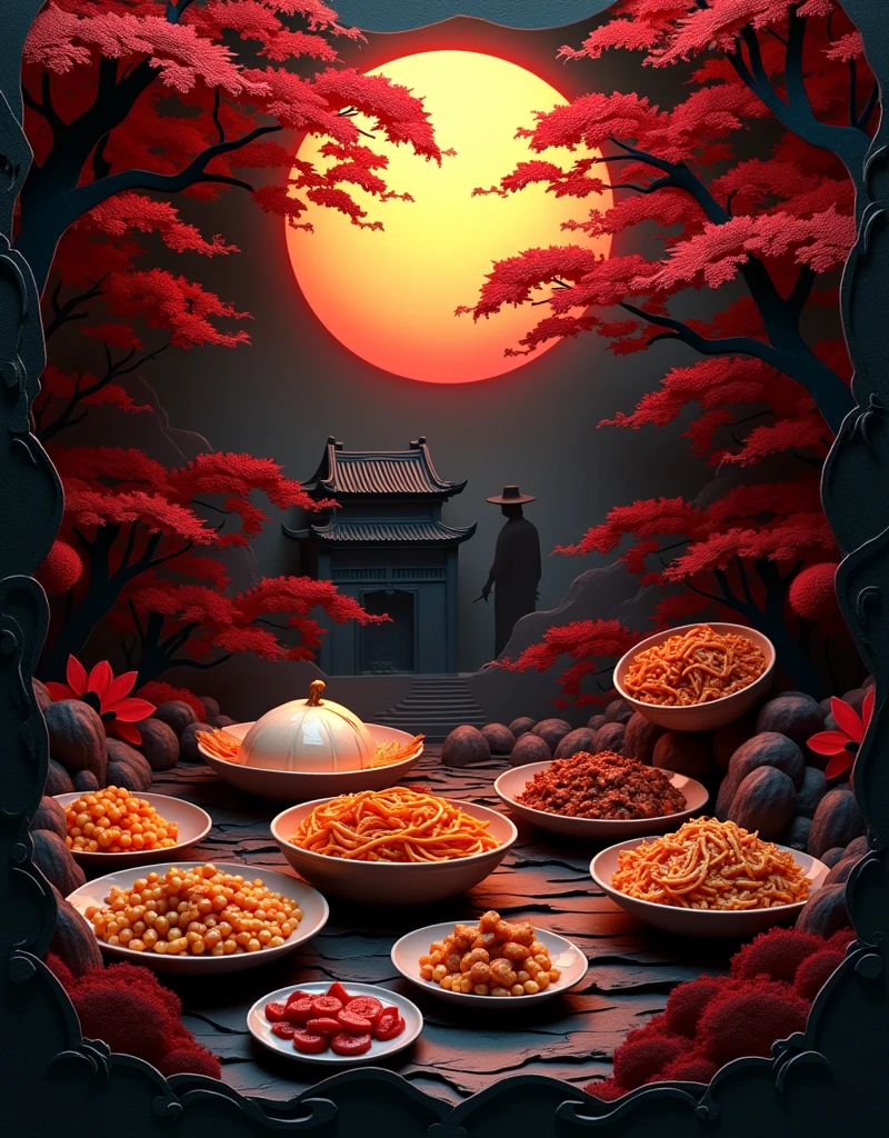 3D Paper cut art, super detailed, kirigami, a paper cut demonstrates some chinese food dishes, in the background are trees and the silhouette of an ancient chinese house, dark background, mystery scary atmosphere