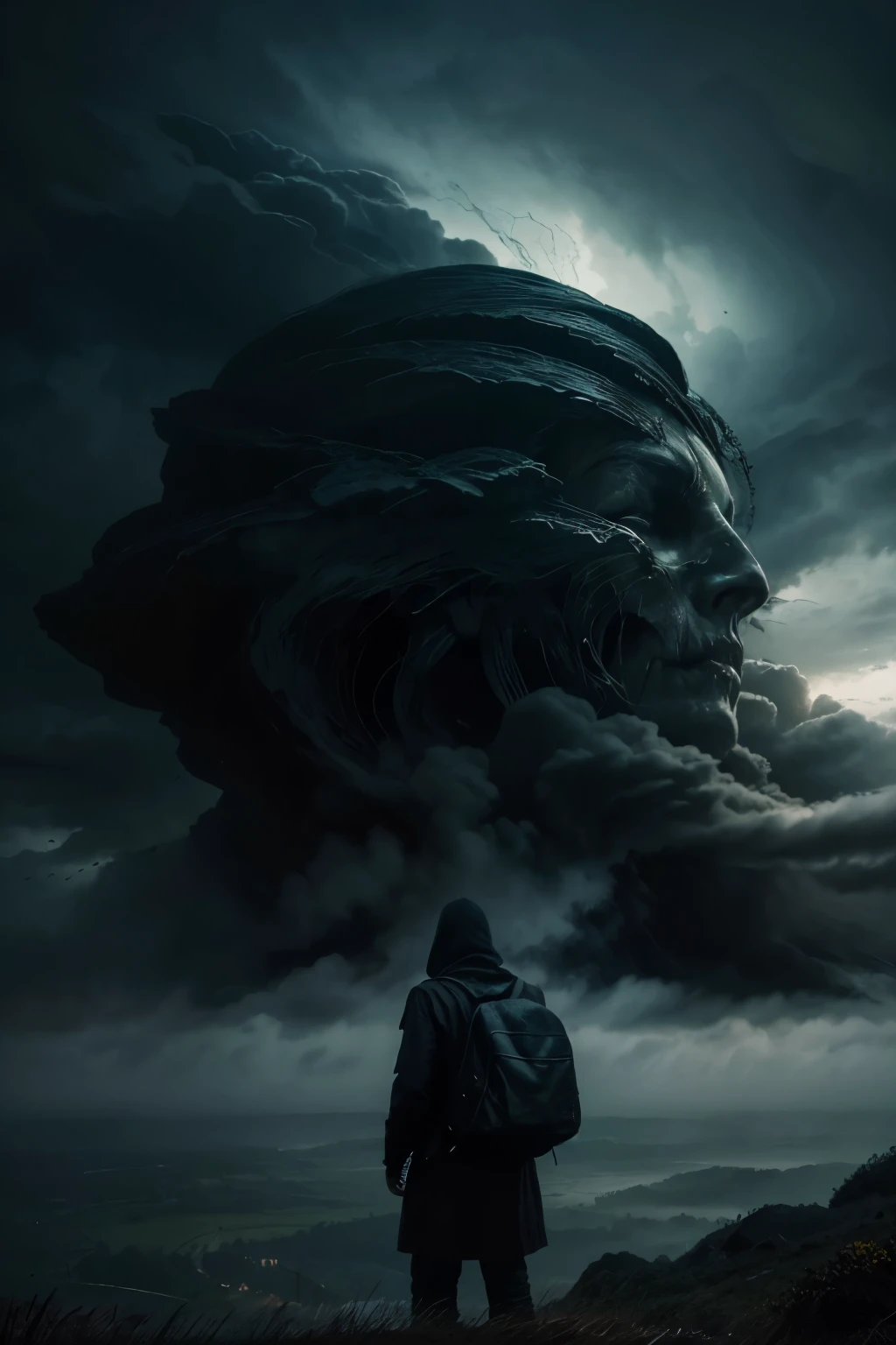 A hauntingly beautiful dark fantasy illustration of a lone figure, a brown backpack on his shoulder, one hand reaching forward to push open the door of a castle, a sea of swirling clouds in the sky. tornado, thunderstorm. The individual's face is covered with anxiety and their eyes reveal doubt, fear, the character image is placed in the center, the character image contrasts with the landscape, the landscape is dark, mysterious dark fantasy mystery, illustration