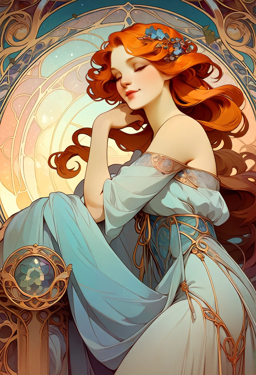 cover page, highres, top quality, best quality, paid reward available, unparalleled masterpiece, perfect artwork, absurdres, High-quality illustrations by Alphonse Mucha, art nouveau, Delicate and elegant linework, flowing hair, Flowing Dresses, Curvilinear lines, Decoration with plant motifs, Geometric decoration, Poetic atmosphere, Rich colors, Dreamy, mystical, Tarot Card(In the forest where the stream flows, Backlighting)perfect anatomy(Furry, Solo focus, Dress, Long Globe, Facial features of animals, Features of the animal's body)All over body, Archaic Smile (portrait),
