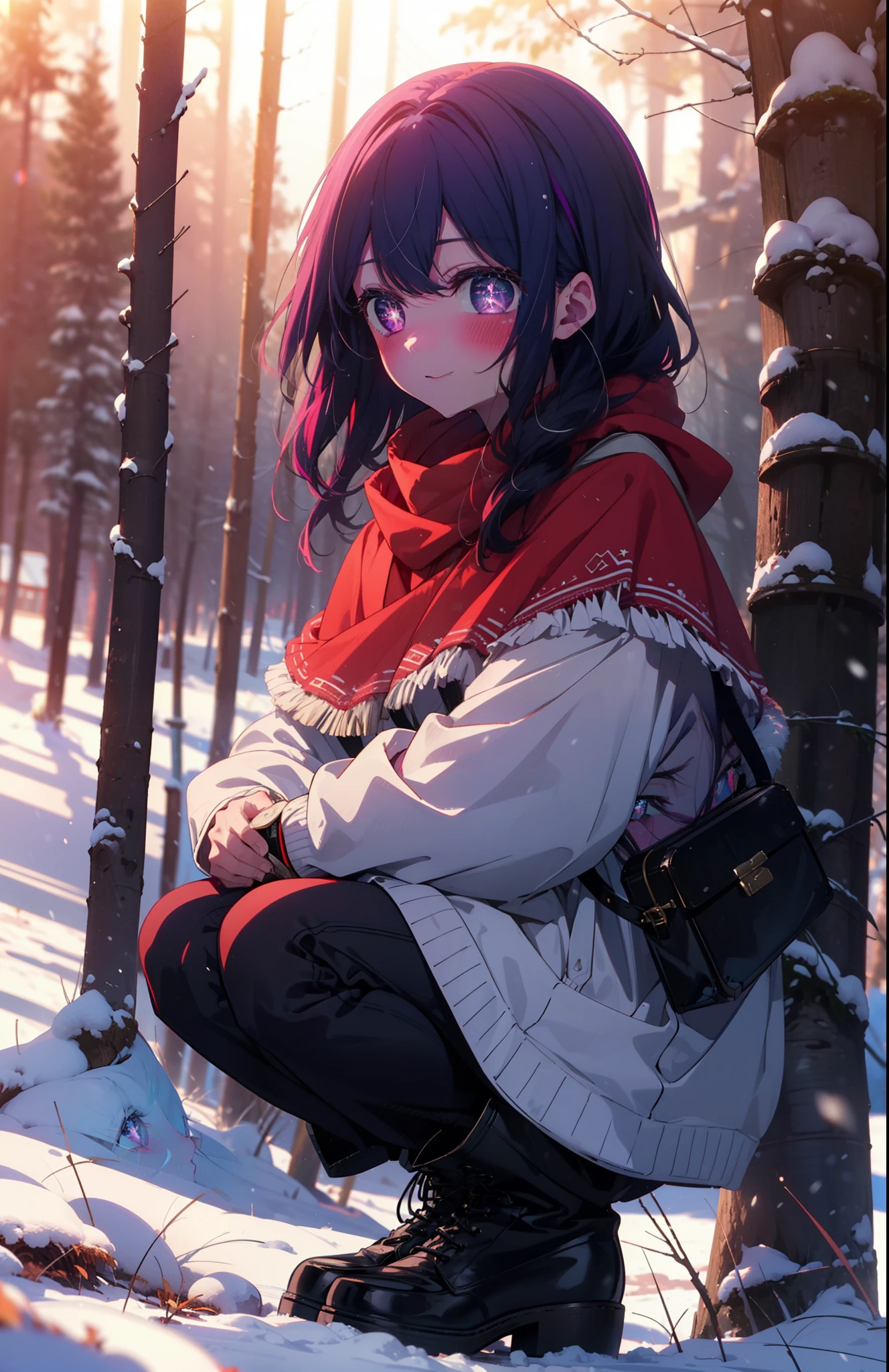 aihoshino, Ai Hoshino, Long Hair, bangs, (Purple eyes:1.1), Purple Hair, (Symbol-shaped pupil:1.5), smile,,smile,blush,white breath,
Open your mouth,snow,Ground bonfire, Outdoor, boots, snowing, From the side, wood, suitcase, Cape, Blurred, , forest, White handbag, nature,  Squat, Mouth closed, Cape, winter, Written boundary depth, Black shoes, red Cape break looking at viewer, Upper Body, whole body, break Outdoor, forest, nature, break (masterpiece:1.2), Highest quality, High resolution, unity 8k wallpaper, (shape:0.8), (Beautiful and beautiful eyes:1.6), Highly detailed face, Perfect lighting, Highly detailed CG, (Perfect hands, Perfect Anatomy),