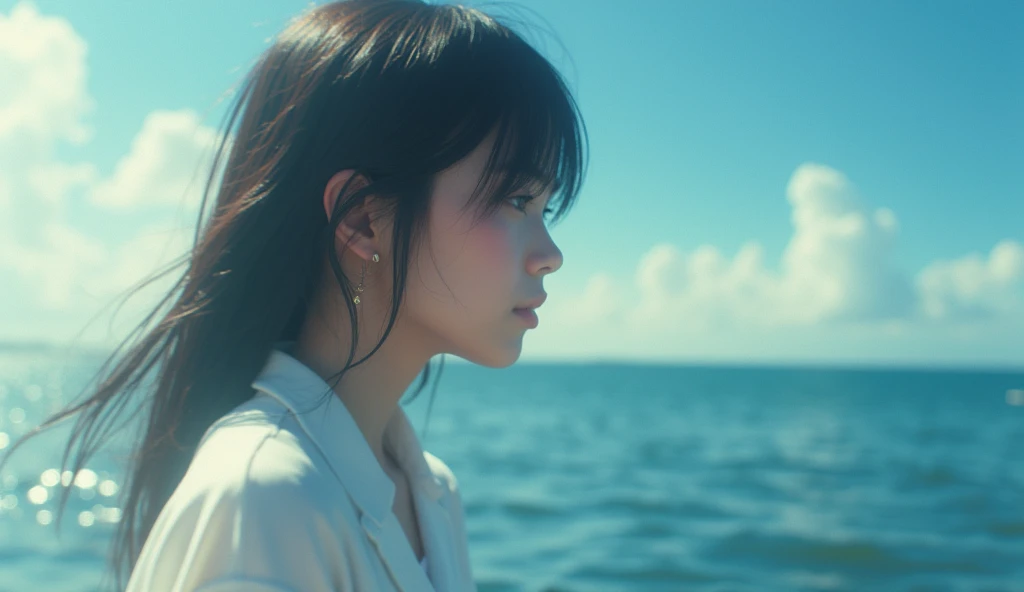 (best quality, masterpiece, ultra detailed), Zoom out from close-up, a teenage Japanese female idol calling your name, a scene where a teenage Japanese female idol calls your name towards the sea