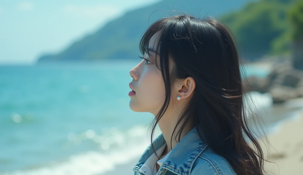 (best quality, masterpiece, ultra detailed), Zoom out from close-up, a age Japanese female idol calling your name, a scene where a teenJapanese female idol calls your name towards the sea