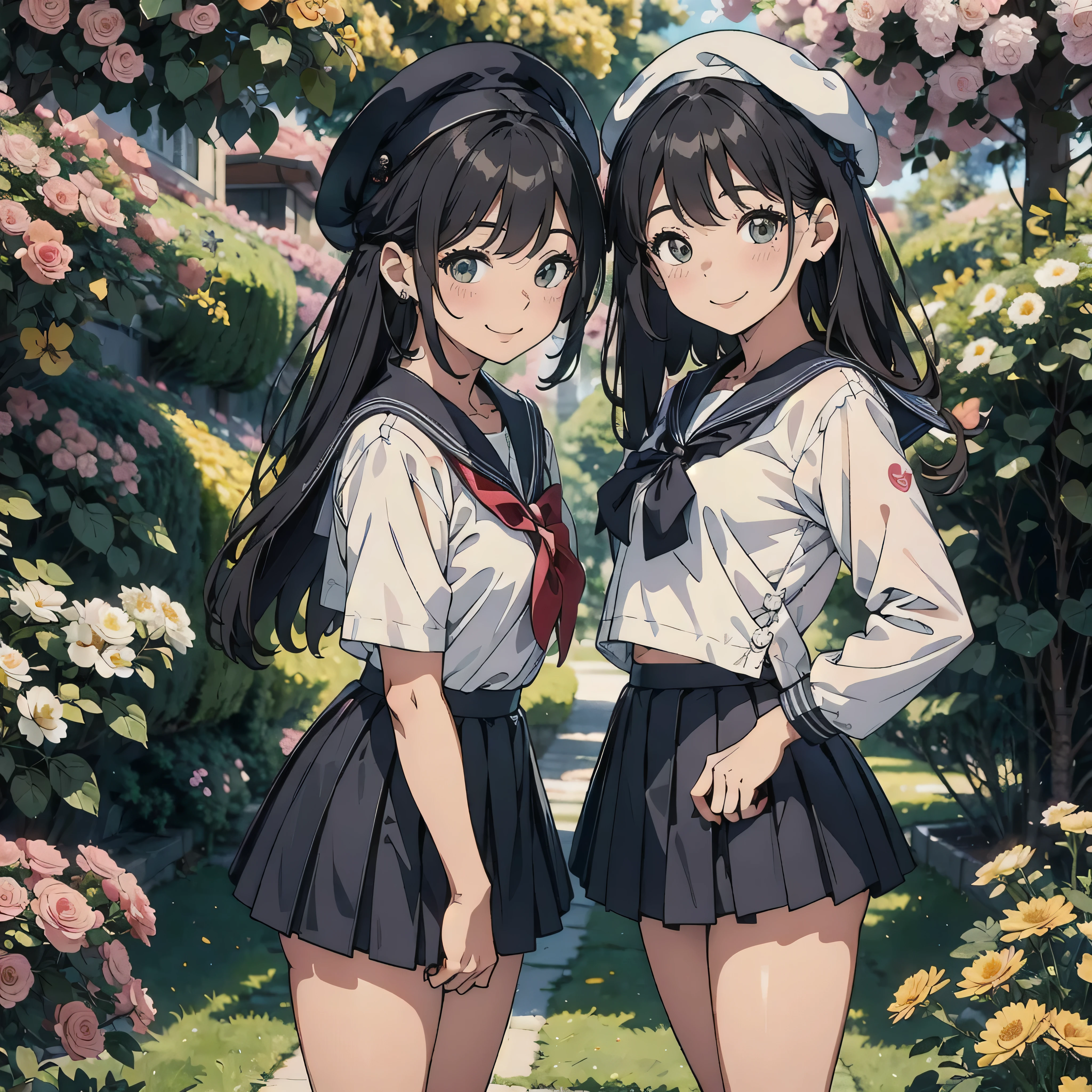 pretty girl、Commemorative photo of the two of us、Smiling face、Sailor suit、mini skirt、beret、surrounded by flowers