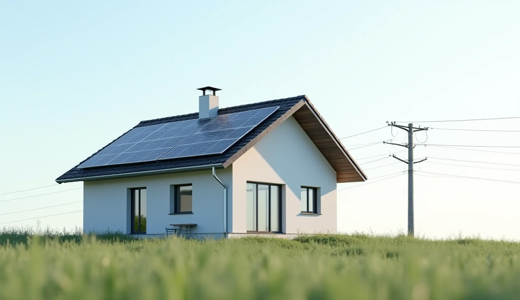 Create an image featuring a modern house centered in the frame with a pitched roof that slopes towards the viewer's perspective. On the left side of the roof, a solar panel is positioned slightly above roof height. Additionally, on the far rigth side of the image, include an electric utility pole resembling those used by EDF, with visible power lines extending from it. The background should be clean and professional, with a bright, clear sky and no distractions. The overall image should appear highly realistic, with detailed textures and lighting to ensure it looks suitable for professional use.
The Solara anel above the house in the sky (not on the roof) at the left side the house in the middle and the electricity pole at the right side