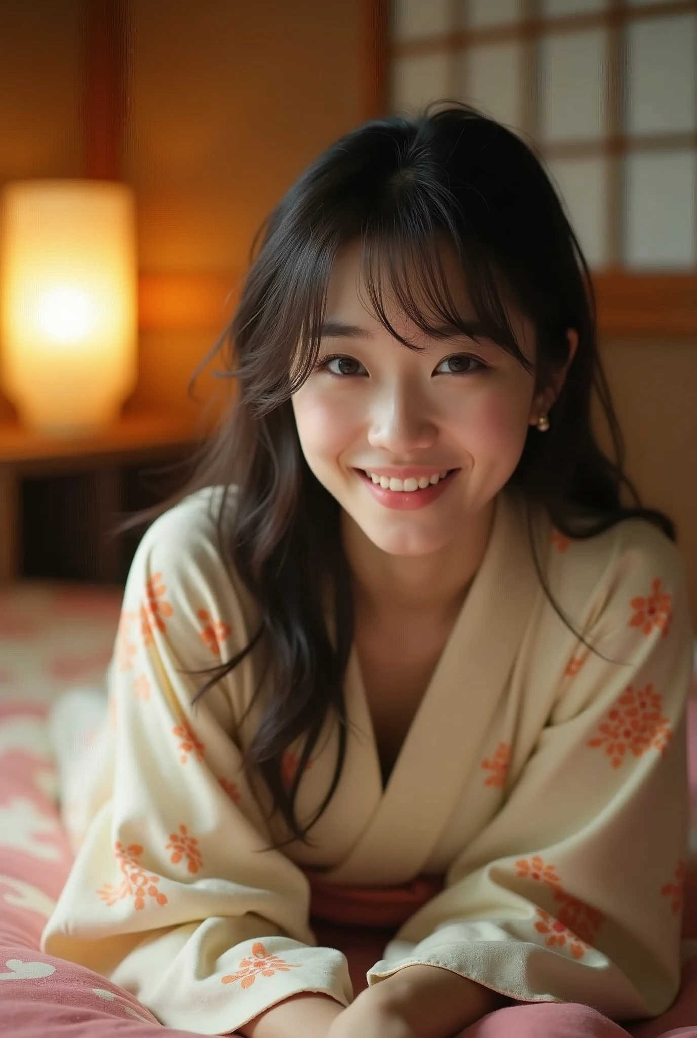 A very cute face like an idol、like々A 20-year-old woman with a cute face、Gentle and cute、A kind smile、(((Japanese Yukata)))、(night)、(((Lying down on a futon in a Japanese-style room at a Japanese inn)))、((Cleavage、I can see your thighs))、((Full body portrait))、RAW Photos、Genuine、High resolution