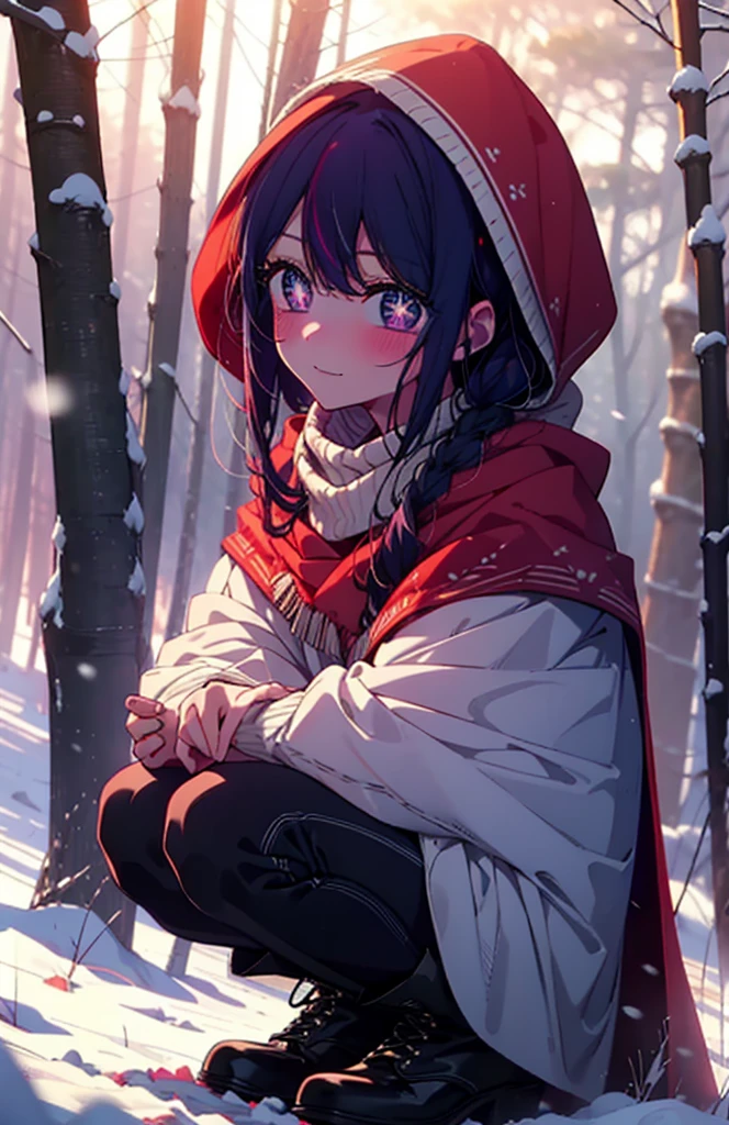 aihoshino, Ai Hoshino, Long Hair, bangs, (Purple eyes:1.1), Purple Hair, (Symbol-shaped pupil:1.5), smile,,smile,blush,white breath,
Open your mouth,snow,Ground bonfire, Outdoor, boots, snowing, From the side, wood, suitcase, Cape, Blurred, , forest, White handbag, nature, Squat, Mouth closed, Cape, winter, Written boundary depth, Black shoes, red Cape break looking at viewer, Upper Body, whole body, break Outdoor, forest, nature, break (masterpiece:1.2), Highest quality, High resolution, unity 8k wallpaper, (shape:0.8), (Beautiful and beautiful eyes:1.6), Highly detailed face, Perfect lighting, Highly detailed CG, (Perfect hands, Perfect Anatomy),