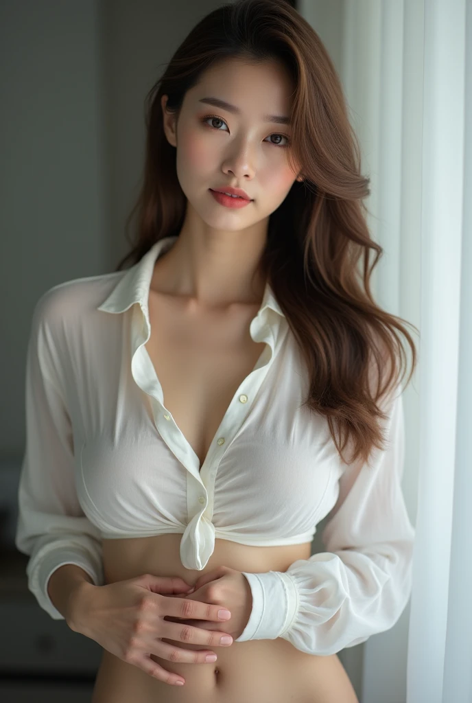 [full body shot] professional, (4k image:1.1), (Sharp Focus:1.3), Very detailed, wear (tight shirt:1.2), beautiful detailed face, sparkling eyes, long light hair, (attractive young japan woman:1.3), (seductive:1.1), (blushing:1.1), pear body shape, perfect hands, natural breasts, wide hips. --Sexy body --Prominent bare breasts --Detailing, full body, a lot of femininity, tempting, Dazzling, sensual pose, muse, --Unreal движок 5.