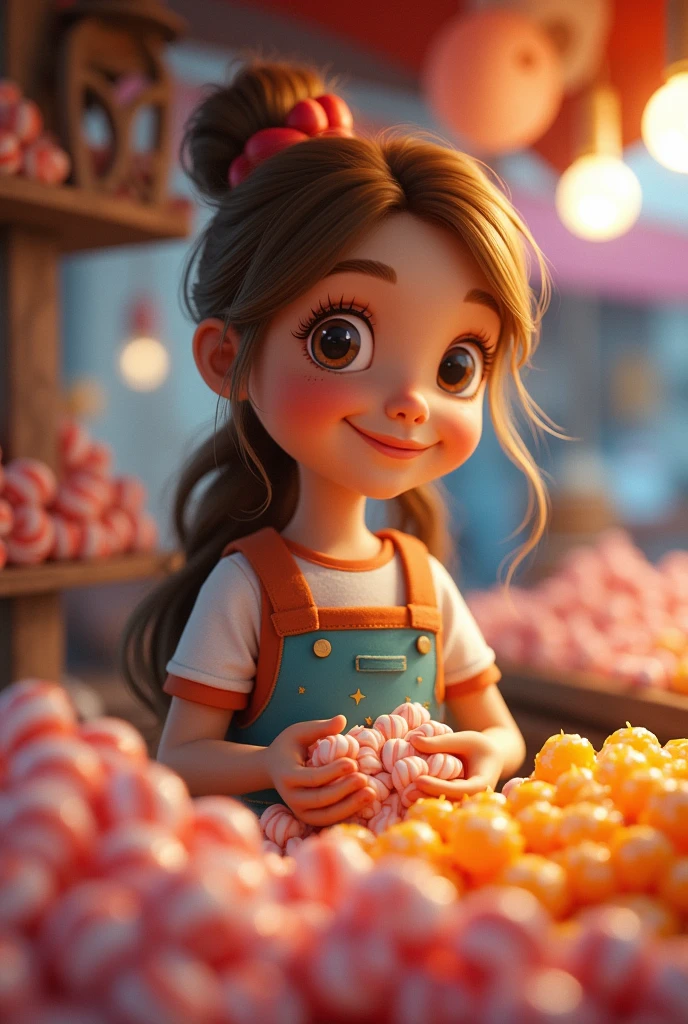 a young candy seller next to lots of various stylized candies