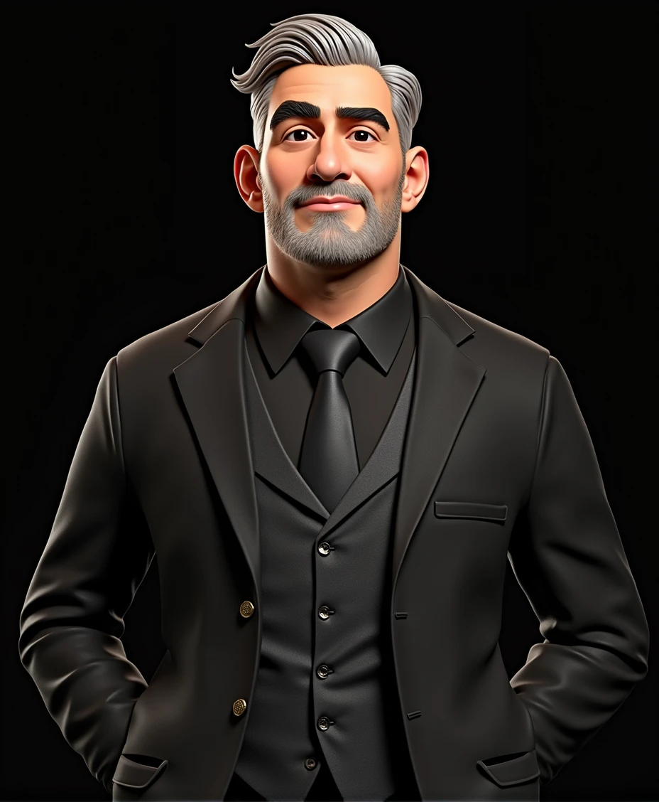 一个男人的Cartoon Characters, 40 years old, Black curved eyebrows, White hair, Black eyes, Stubble, Black suit, Medium bulge, Stylized characters, Animation style rendering, Stylized 3D, Arnold Maya Rendering, Cartoon shading, 3d characters, 3d characters rendering, Cartoon Characters, Close-up characters, (Pixar style) (Main Part: 1.2) (Bokeh) (best quality) (Delicate skin) (Detailed texture) (8K) (Clay) (illumination) (Clear focus)