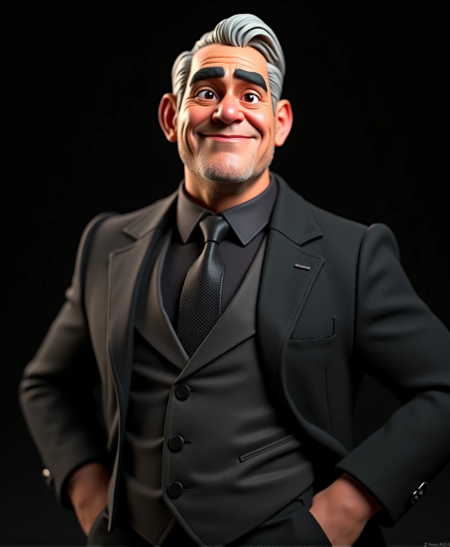 一个男人的Cartoon Characters, 40 years old, Black curved eyebrows, White hair, Black eyes, Stubble, Black suit, Medium bulge, Stylized characters, Animation style rendering, Stylized 3D, Arnold Maya Rendering, Cartoon shading, 3d characters, 3d characters rendering, Cartoon Characters, Close-up characters, (Pixar style) (Main Part: 1.2) (Bokeh) (best quality) (Delicate skin) (Detailed texture) (8K) (Clay) (illumination) (Clear focus)