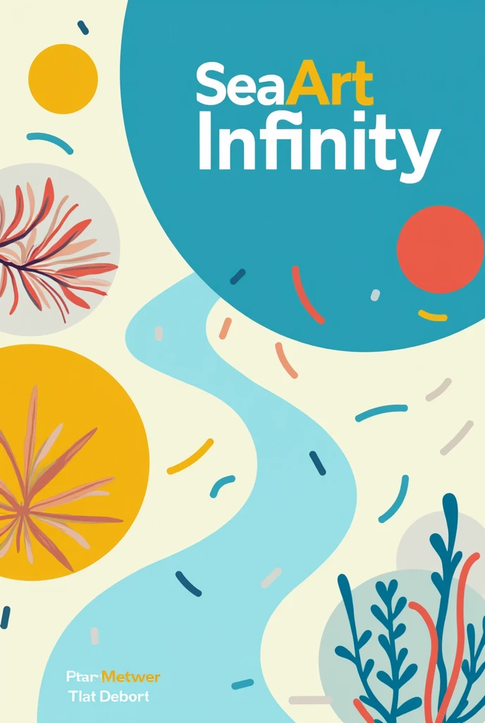 Create a clean, modern poster for "SeaArt Infinity" with the title in a bold, flat-style font at the top. The background should be composed of flat, simple shapes and vibrant, solid colors, with no gradients or textures, reflecting the flat design aesthetic. Below the title, place the word "Flat Design" in a matching flat-style font. Use a bright and cheerful color palette like blue, yellow, and red to create a playful and approachable design.