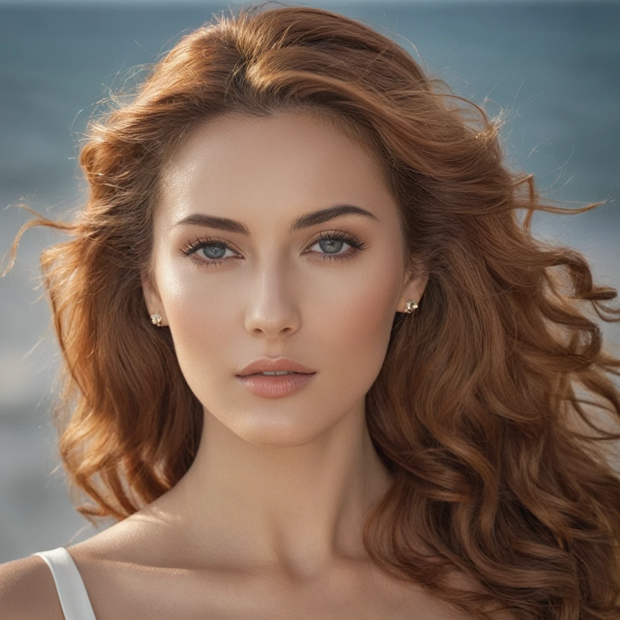 red-haired naked woman with small breasts sitting on the beach with her breasts exposed,illustration,oil painting,vivid colors,warm color tone,soft lighting,beautiful detailed eyes,beautiful detailed lips,ultra-detailed,realistic,fair skin tone,sun-kissed skin,relaxed expression,casual hairstyle,wavy hair,wind blowing through hair,peaceful atmosphere,palm trees in the background,sandy beach,gentle waves,crystal clear water.