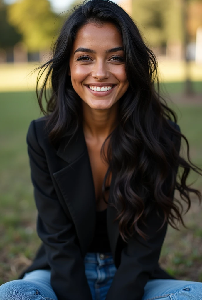 a beautiful Mexican woman with long black hair, detailed eyes, nose, and lips, wearing  casual, modern outfit, siting in the park, smiling, happy to be alive (best quality,4k,8k,highres,masterpiece:1.2),ultra-detailed,(realistic,photorealistic,photo-realistic:1.37),HDR, studio lighting, extremely detailed face and body, portrait,cinematic lighting, dramatic lighting, warm color tones, dramatic colors
