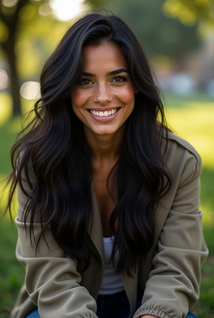 a beautiful Mexican woman with long black hair, detailed eyes, nose, and lips, wearing casual, modern outfit, siting in the park, smiling, happy to be alive (best quality,4k,8k,highres,masterpiece:1.2),ultra-detailed,(realistic,photorealistic,photo-realistic:1.37),HDR, studio lighting, extremely detailed face and body, portrait,cinematic lighting, dramatic lighting, warm color tones, dramatic colors