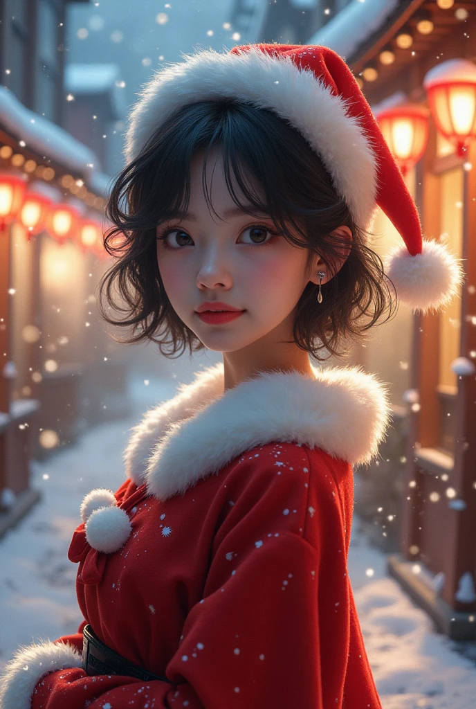 A 25 year old japanese girl, detailed cutie face, balanced detailed eyes, detailed droppy eyes, extremely detailed face, slender body, short hair, (Santa Claus costume:2.0), snowy night town, (best quality,4k,8k,highres,masterpiece:1.2),ultra-detailed,(realistic,photorealistic,photo-realistic:1.37),HDR,UHD,studio lighting,ultra-fine painting,sharp focus,physically-based rendering,extreme detail description,professional,vivid colors,bokeh,fantasy,magical,whimsical,soft lighting,warm colors,digital painting
