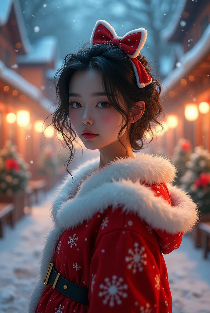 A 25 year old japanese girl, detailed cutie face, balanced detailed eyes, detailed droppy eyes, extremely detailed face, slender body, short hair, (Santa Claus costume:2.0), snowy night town, (best quality,4k,8k,highres,masterpiece:1.2),ultra-detailed,(realistic,photorealistic,photo-realistic:1.37),HDR,UHD,studio lighting,ultra-fine painting,sharp focus,physically-based rendering,extreme detail description,professional,vivid colors,bokeh,fantasy,magical,whimsical,soft lighting,warm colors,digital painting