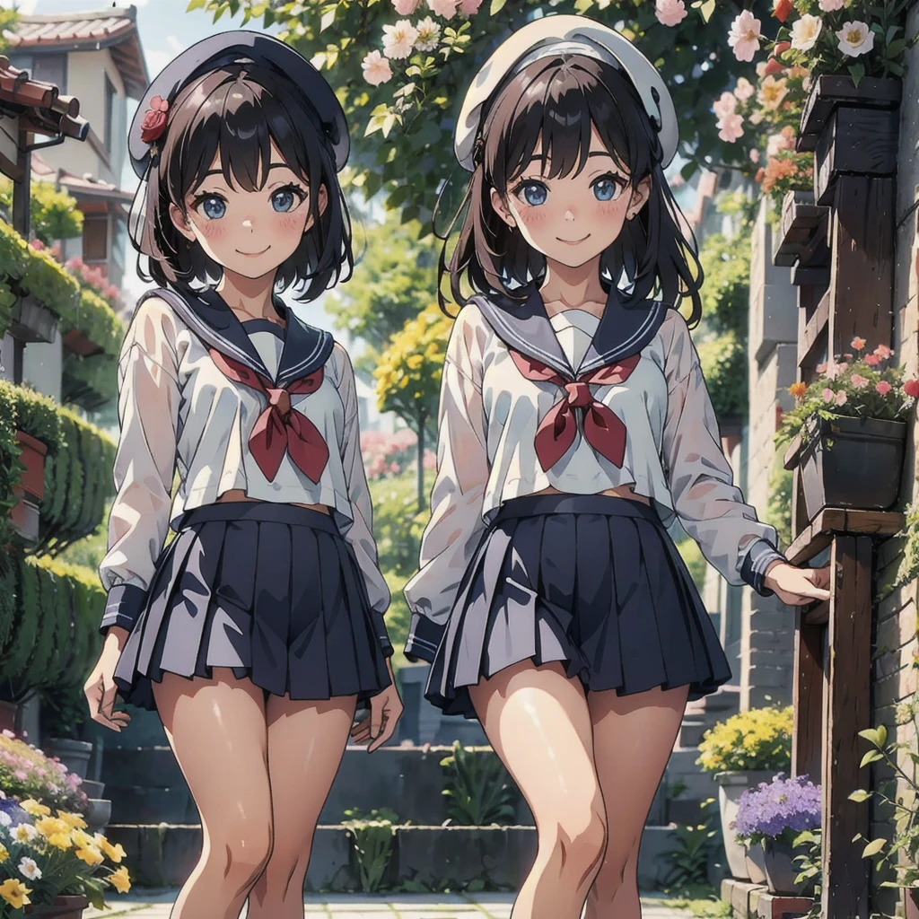 pretty girl、Commemorative photo of the two of us、Smiling face、Sailor suit、mini skirt、beret、flower garden