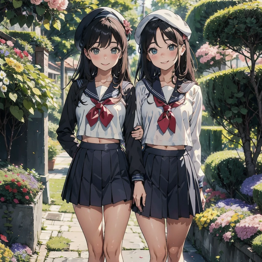 pretty girl、Commemorative photo of the two of us、Smiling face、Sailor suit、mini skirt、beret、flower garden