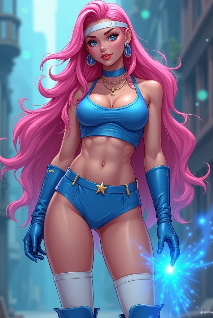 “In a Marvel comic-style scene, the pink-haired girl with blue eyes stands confidently, showcasing her gorgeous and curvy figure. She wears a stylish crop top and a mini skirt, complemented by blue boots and white thigh-high socks. A white headband keeps her long pink hair neatly in place. She holds a glowing blue dream dust in her hand, adding a touch of mystical allure. Her striking appearance and confident stance are depicted with dynamic lines and vivid colors typical of Marvel comic art, highlighting her beauty and powerful presence.”