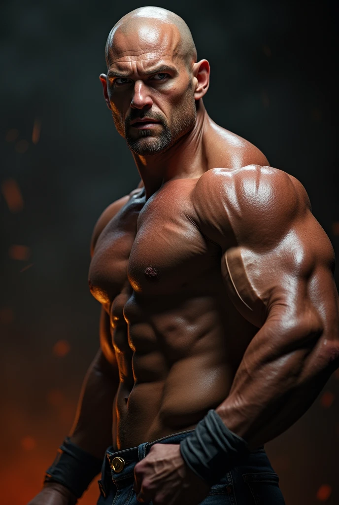 A muscular man with a bald head, strong jawline, intense gaze, striking a powerful pose, dramatic lighting, cinematic composition, dynamic action, hyper-detailed, highly realistic, 8k, photorealistic, volumetric lighting, intricate textures, extreme detail, beautiful color palette, chiaroscuro lighting, heroic, epic, cinematic, dramatic, surreal, digital art