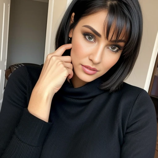 style:absolute | 1girl in, 50 yo, from israel very pretty sexy well-groomed woman as a 45_old woman, glamur big hips, tan_skin, oiled_body, pouting lips, short black hair short, black short hair bangs, slicked_hair, spanish, greek,czarny sweater with a large neckline , highly-detailed, , thick_lips, lush_lashes, , almond_eyes, cleavage Big breast