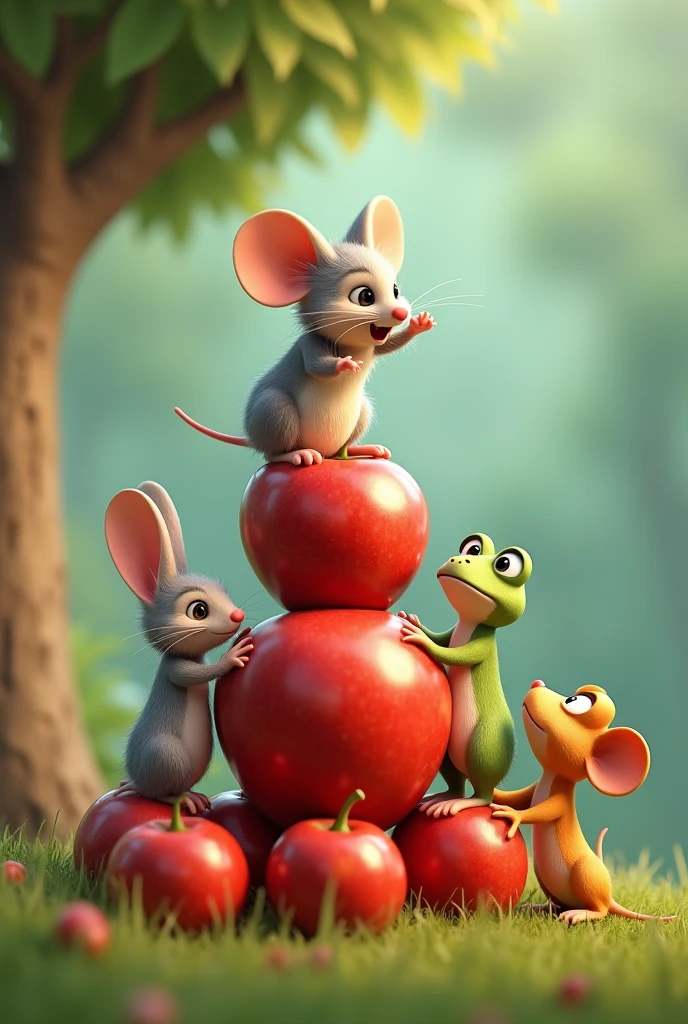 The mouse stretching out its tiny paws from the top of the piles that formed from a rabbit, a mouse, a butterfly, and a frog, carefully nudging the apple from its branch, while the other friends watch with anticipation, um personagem animado, Caractere estilizado, animation style rendering, 3D estilizado, Arnold Maya render, 3 d render stylized, toon render keyshot, Personagem 3D, Personagem 3D, 3d rendering stylized, 3d character render, personagem de desenho animado, Personagem