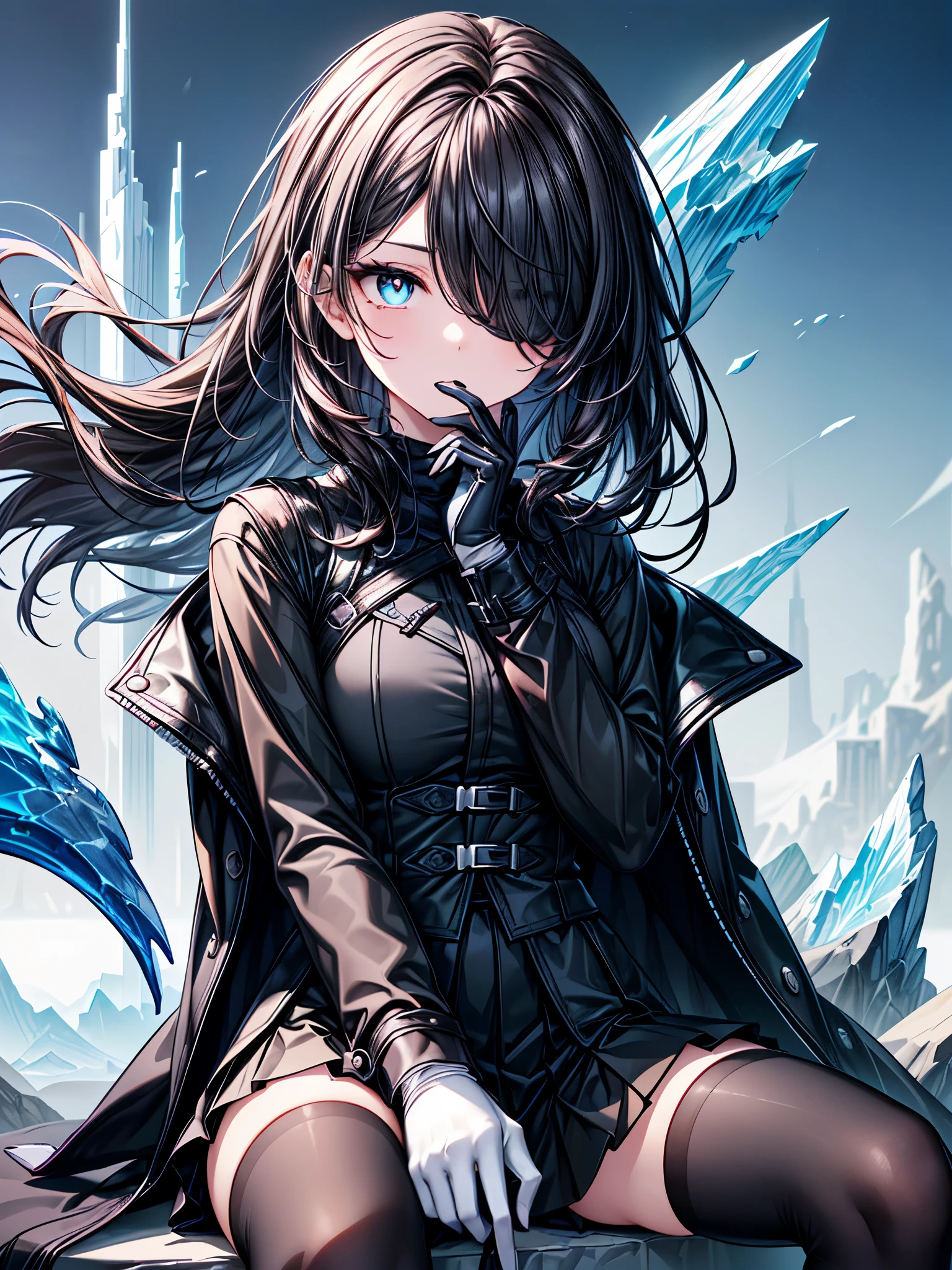 ((spread legs, sitting)),((Celestial Glacier)),(skirt-lift),((show panties)),((Highest quality)),((black micro mini length skirt)),((alone)),((Deep blue pupils)),((sparkling eyes)),(Beautiful Blue Eyes),((Wearing a black coat)),(((Wearing black tights))),(Slim body),((length, Shiny black hair)),((Her hair is parted, and you can see her eyes through it)),((Wearing black gloves)),((hair over one eye,long hair)),((Complex background)),((Hair blowing in the wind)