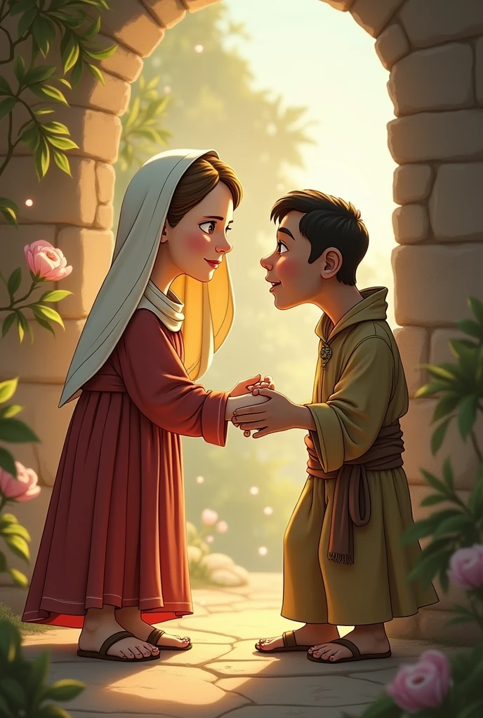 Cartoon of Princess Saint Elizabeth of Hungary helping a sad and very hungry person with a piece of bread


