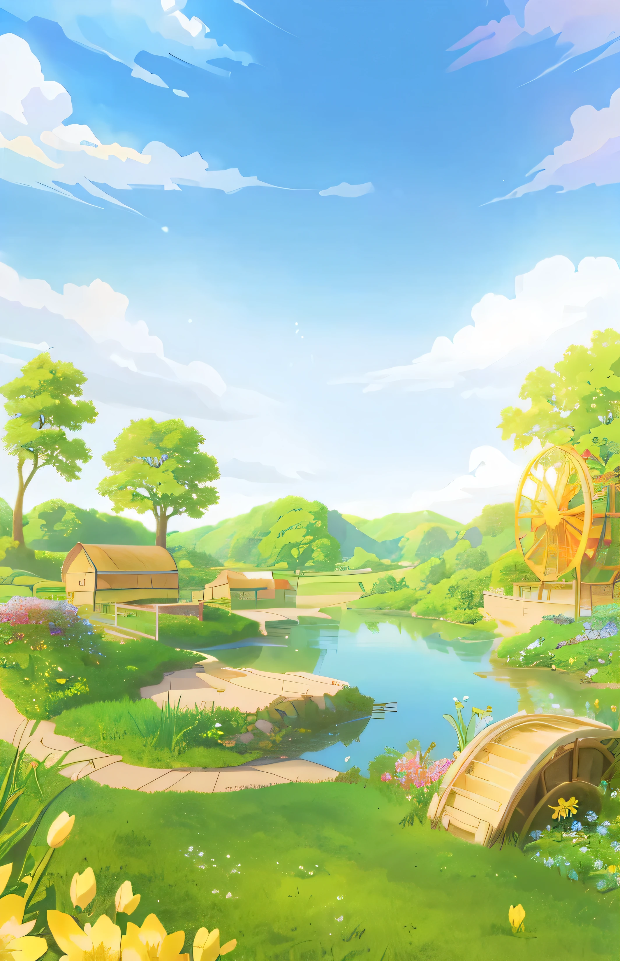 There is a cartoon，Anime rural scenery, Park Background, sunny Park Background, Farm Background, A beautiful artistic illustration, background technology, Garden Background, Whimsical fantasy landscape art, Sunny summer days, Landscape ArtworkThere is a cartoon，Fairy tale style background, Anime rural scenery, Park Background, sunny Park Background, Farm Background, A beautiful artistic illustration, background technology, Garden Background, Whimsical fantasy landscape art, Beautiful landscape background, Detailed scenery —width 672, Fantasy Background, Sunny summer days, Landscape Artwork，spring flower， outdoors， sky， day， cloud， water， tree， phi_humans， grass， scenery， yellow_flower，Adding details，Clarity Enhancement，Landscape shots(Vision)，