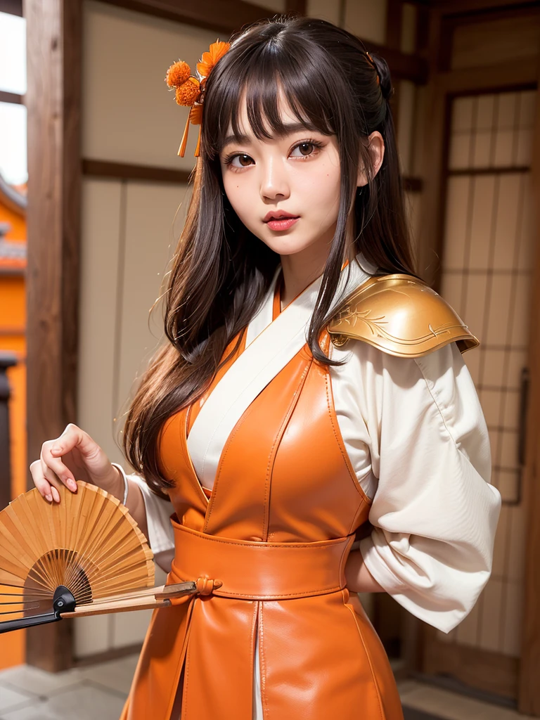 ( bangs, blunt bangs, brown hair, short ponytail,, Depth of written boundary, f/4.0, 135mm, Nikon, uhd, masterpiece, Textured skin, Super detailed,4K,Wide-area lighting),(Beautiful woman: 1.4、Very white skin、Fine grain、 double eyelid)、(((hair ornaments、Wears red leather armor、Bust Shot、Rin々Funny face、Sengoku period、Japanese-style building)))