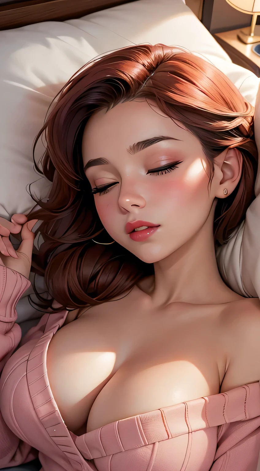 Amazing portrait of a woman who is 30 years old and an adult and a sexy woman with her eyes closed and her mouth open with a very deep blush and the tip of her nose is red having a long neck emphasised by her off shoulder pink sweater showcasing her medium chest with visible cleavage in her bedroom with warm lighting as she's lying on her bed with her head on the pillow facing up during night time with soft lighting showcasing her red lips and her beautiful face in detail and close up