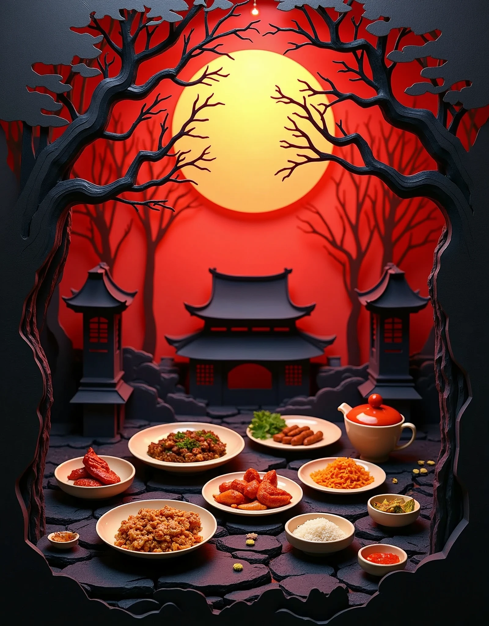 3D Paper cut art, super detailed, kirigami, a paper cut demonstrates some chinese food dishes, in the background are trees and the silhouette of an ancient chinese house, dark background, mystery scary atmosphere