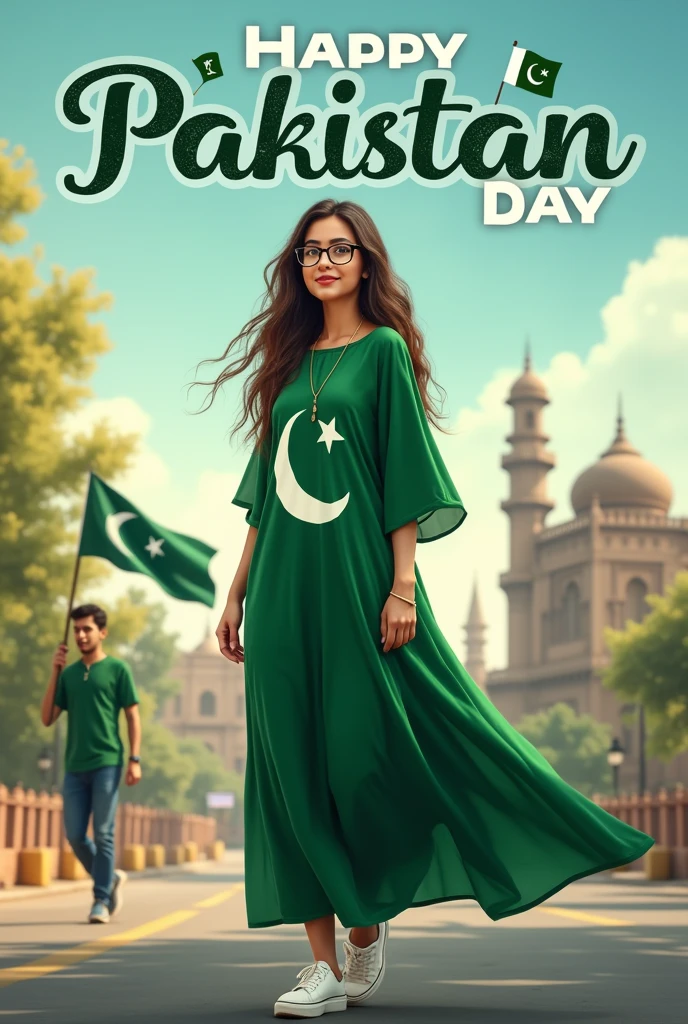 A real25"years old girl, Wearing green frock and white trozar_ sneakers and the name “  laiba is written on frock black glasses her eyes hand the boy is standing on the road with holding a national flag of Pakistan and behind him is the Lahore And written on sky “Independence Day” Create Realistic image high quality..