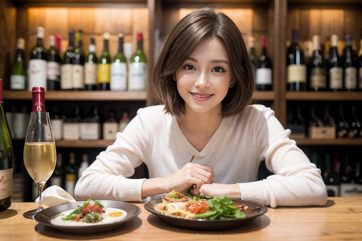 （Realistic:1.1）,(masterpiece,Highest quality)，8k,(49 years old), 53 years old, ベリーslimボディ、slimカップル、Tight waist,Upper Body,full-course dinner、wine 、Amazing view of the sunset sky and clouds、Perfect Anatomy, Brown Hair, short hair,Random Hairstyles,((Highly detailed face and eyes:1.2))，Perfect golden ratio face，Long sleeve shirt、dress,(smile:1.2)、Shortcuts、cute、(Realistic, Intricate details:1.2), A bright smile、short hair,Bright Face、赤wine 、Appetizers、Italian food、wine bottle、Champagne、スパークリングwine、(slimな顔), (The body is slim), (Brown Hair), (Shortcuts),  Upper Body, 白wine, slim, wineグラス, 
