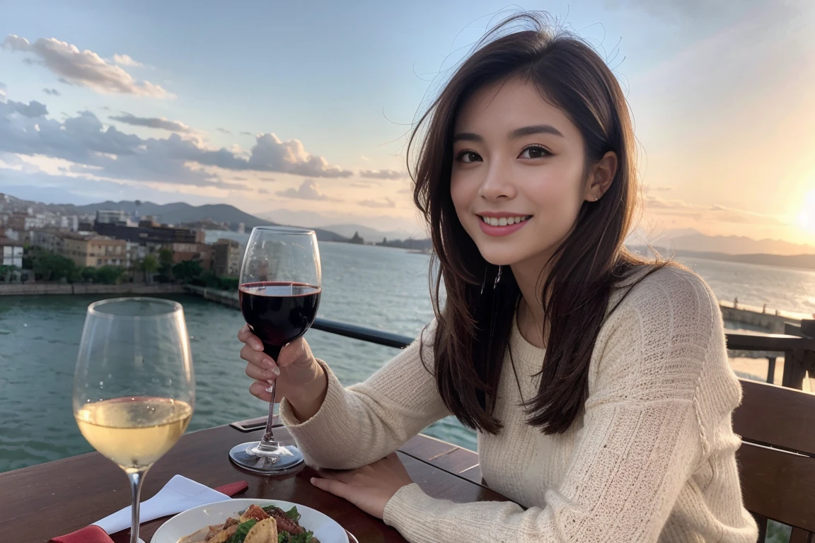 （Realistic:1.1）,(masterpiece,Highest quality)，8k,(49 years old), 53 years old, ベリーslimボディ、slimカップル、Tight waist,Upper Body,full-course dinner、wine 、Amazing view of the sunset sky and clouds、Perfect Anatomy, Brown Hair, short hair,Random Hairstyles,((Highly detailed face and eyes:1.2))，Perfect golden ratio face，Long sleeve shirt、dress,(smile:1.2)、Shortcuts、cute、(Realistic, Intricate details:1.2), A bright smile、short hair,Bright Face、赤wine 、Appetizers、Italian food、wine bottle、Champagne、スパークリングwine、(slimな顔), (The body is slim), (Brown Hair), (Shortcuts),  Upper Body, 白wine, slim, wineグラス, 
