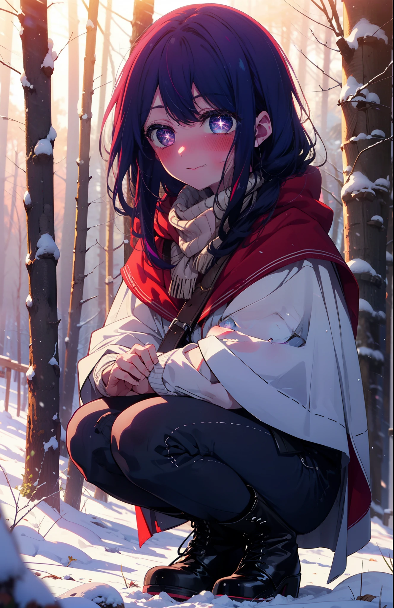 aihoshino, Ai Hoshino, Long Hair, bangs, (Purple eyes:1.1), Purple Hair, (Symbol-shaped pupil:1.5), smile,,smile,blush,white breath,
Open your mouth,snow,Ground bonfire, Outdoor, boots, snowing, From the side, wood, suitcase, Cape, Blurred, , forest, White handbag, nature,  Squat, Mouth closed, Cape, winter, Written boundary depth, Black shoes, red Cape break looking at viewer, Upper Body, whole body, break Outdoor, forest, nature, break (masterpiece:1.2), Highest quality, High resolution, unity 8k wallpaper, (shape:0.8), (Beautiful and beautiful eyes:1.6), Highly detailed face, Perfect lighting, Highly detailed CG, (Perfect hands, Perfect Anatomy),