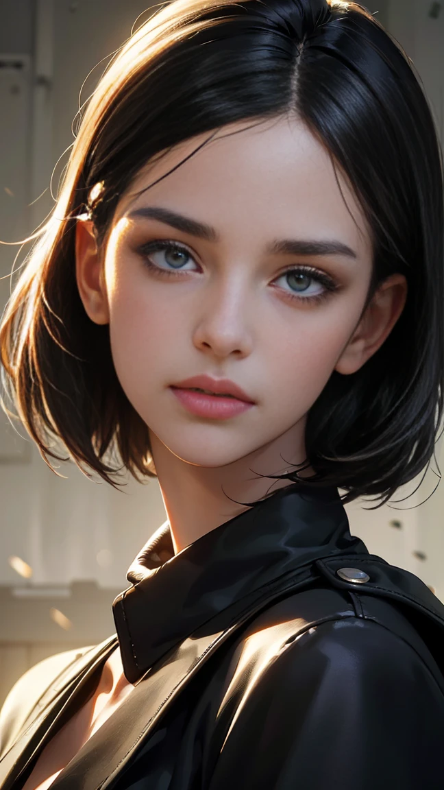 beautiful detailed eyes, beautiful detailed lips, extremely detailed eyes and face, long eyelashes, 1 woman, military woman, black short hair, black eyes, black clothes, camouflage, coat, indifferent facial expression, doctor, best quality, 4k, 8k, highres, masterpiece:1.2, ultra-detailed, realistic, photorealistic, photo-realistic:1.37, HDR, studio lighting, ultra-fine painting, sharp focus, physically-based rendering, extreme detail description, professional, vivid colors, portraits