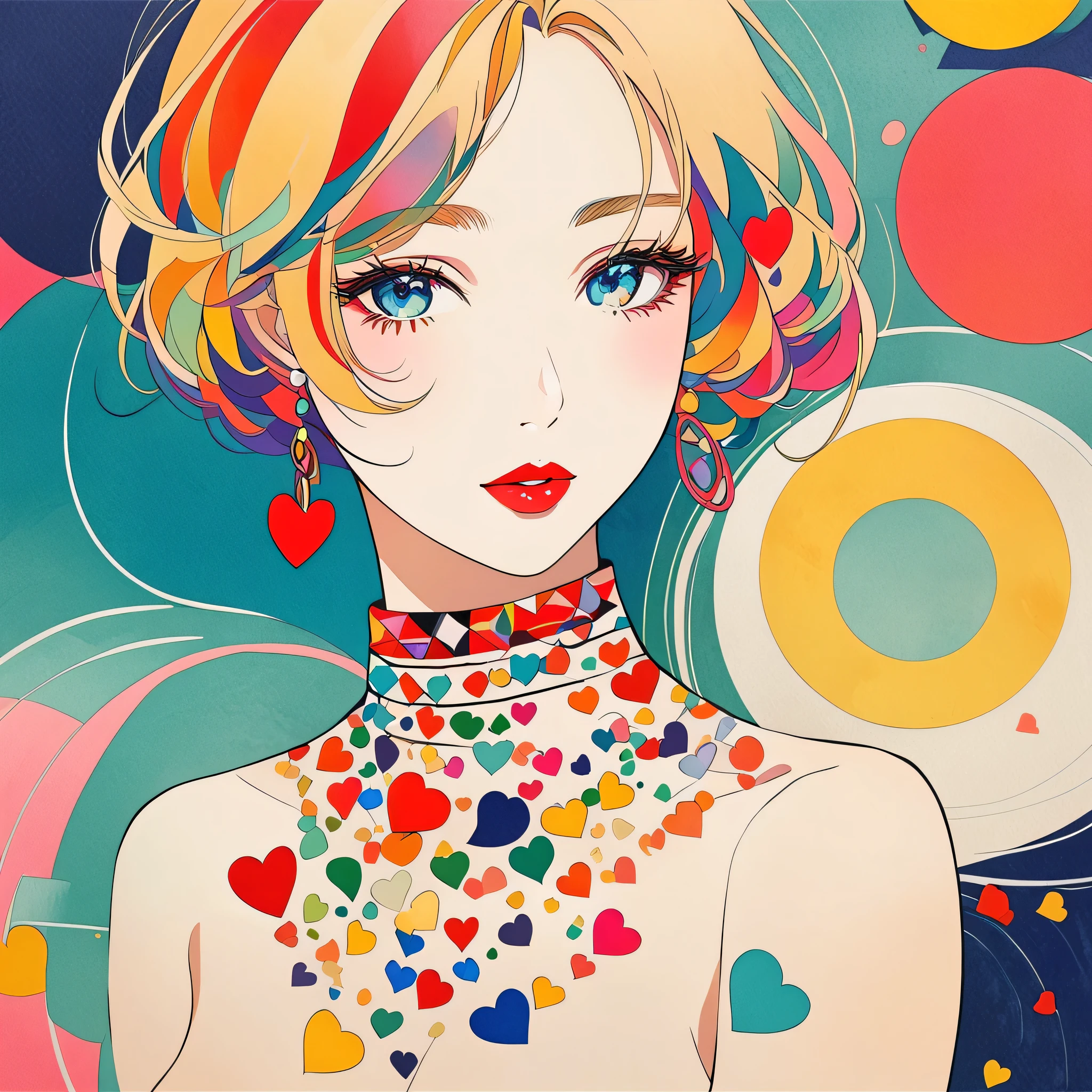 Vasily Kandinsky colorful style, Simple Line Initialism,Abstract art,Urban Background, (((The most beautiful girl of all time))), Sweet face. Lips in love, colorful hearts, stylish design, (((黒い瞳)))