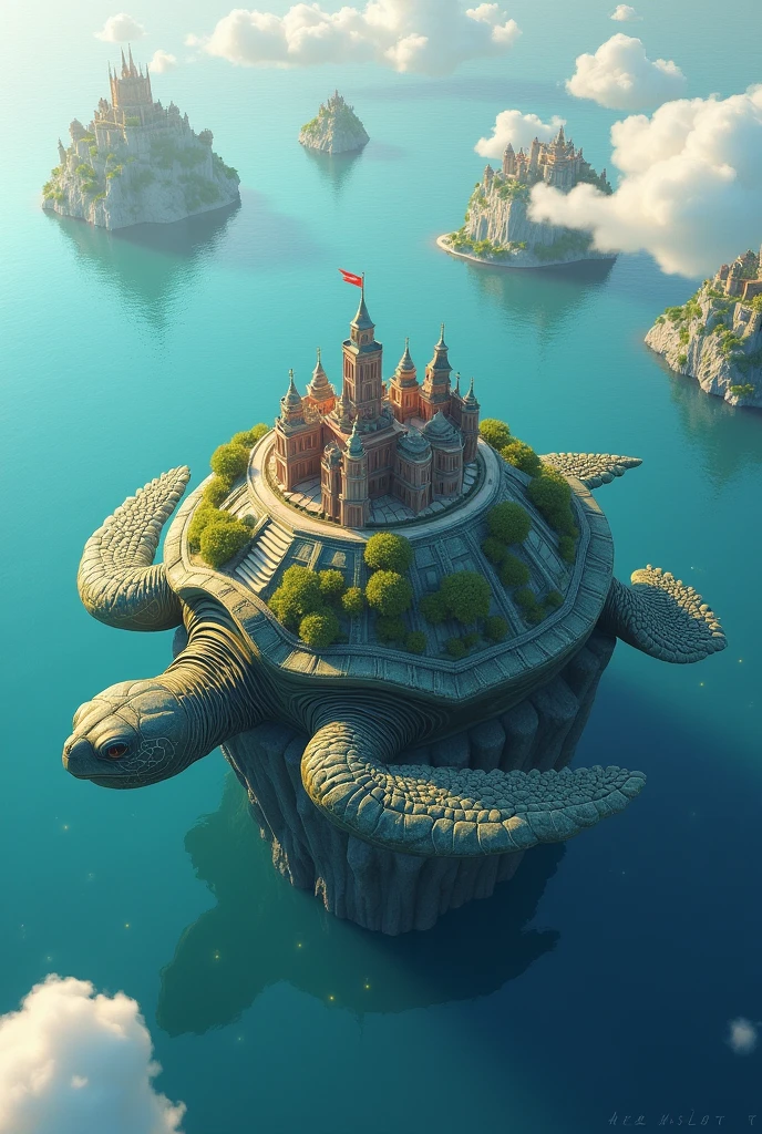 there is a turtle that is floating in the water with a city on top, great a'tuin, world-bearing turtle, realistic fantasy illustration, by Kerembeyit, surrealistic digital artwork, isometric 3d fantasy turtle, epic matte painting of an island, 3 d epic illustrations
