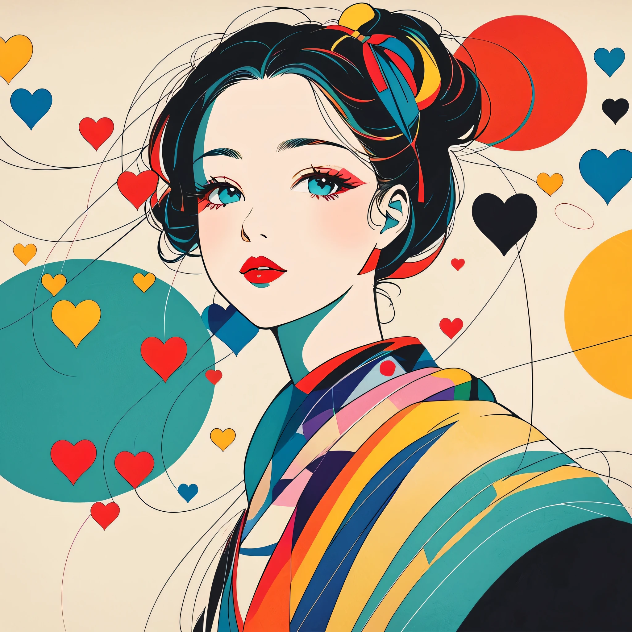 Vasily Kandinsky colorful style, Simple Line Initialism，Abstract art，Urban Background, (((The most beautiful girl of all time))), Sweet face. Lips in love, colorful hearts, stylish design, (((黒い瞳)))
