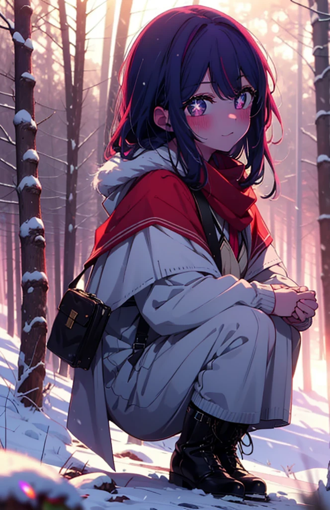 aihoshino, Ai Hoshino, Long Hair, bangs, (Purple eyes:1.1), Purple Hair, (Symbol-shaped pupil:1.5), smile,,smile,blush,white breath,
Open your mouth,snow,Ground bonfire, Outdoor, boots, snowing, From the side, wood, suitcase, Cape, Blurred, , forest, White handbag, nature, Squat, Mouth closed, Cape, winter, Written boundary depth, Black shoes, red Cape break looking at viewer, Upper Body, whole body, break Outdoor, forest, nature, break (masterpiece:1.2), Highest quality, High resolution, unity 8k wallpaper, (shape:0.8), (Beautiful and beautiful eyes:1.6), Highly detailed face, Perfect lighting, Highly detailed CG, (Perfect hands, Perfect Anatomy),