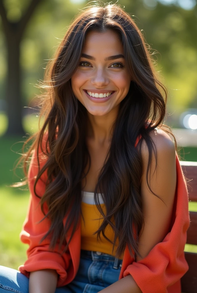 a beautiful Mexican woman with long brown hair, detailed eyes, nose, and lips, wearing colorful, casual, modern outfit, siting in the park, smiling, happy to be alive (best quality,4k,8k,highres,masterpiece:1.2),ultra-detailed,(realistic,photorealistic,photo-realistic:1.37),HDR, studio lighting, extremely detailed face and body, portrait,cinematic lighting, dramatic lighting, warm color tones, dramatic colors