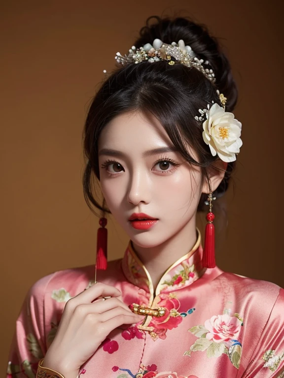 1 girl,upper body,fashionista,Chinese dress,Chinese clothing,hair flower,(masterpiece:1.4),(Best quality:1.4),(Shiny skin),red lips,look at the look,parted lips